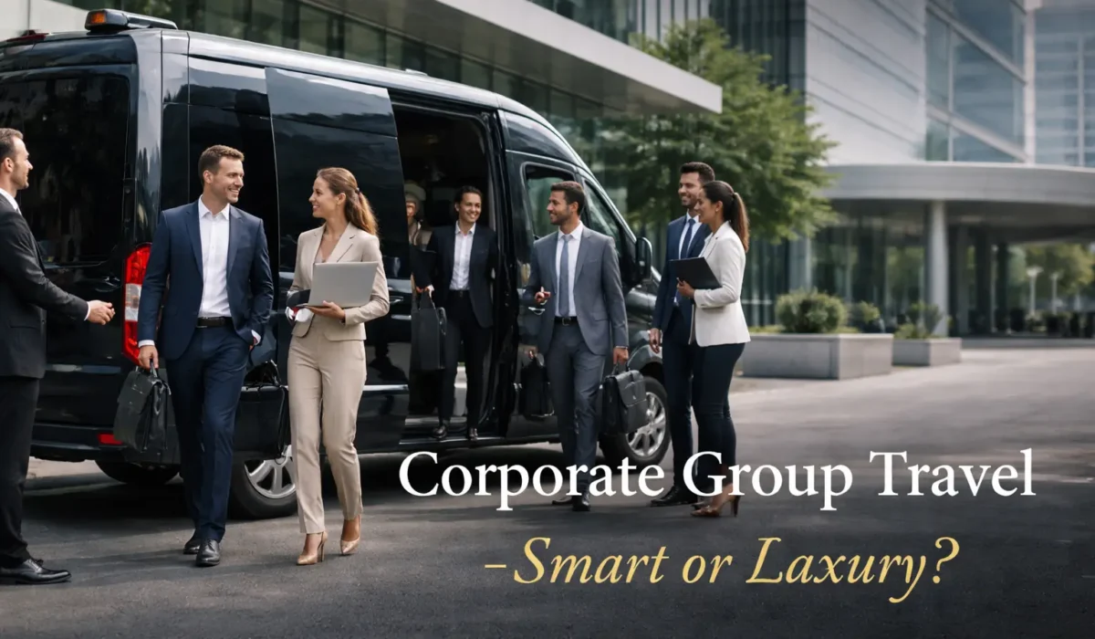 Corporate group outside luxury van