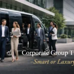 Corporate group outside luxury van