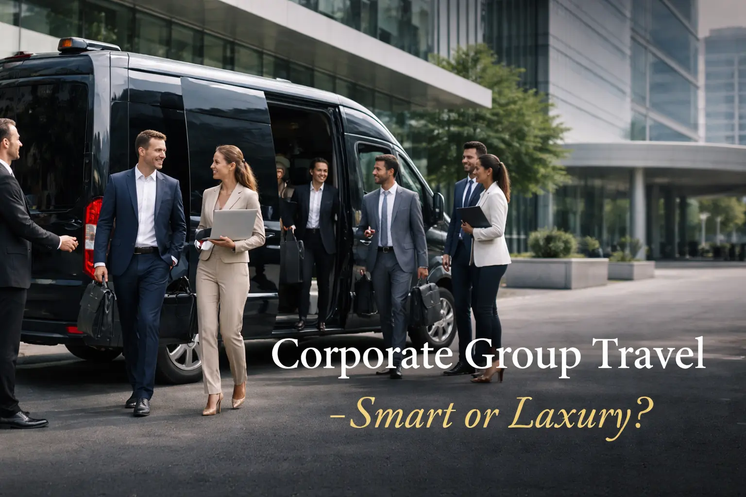 Corporate group outside luxury van